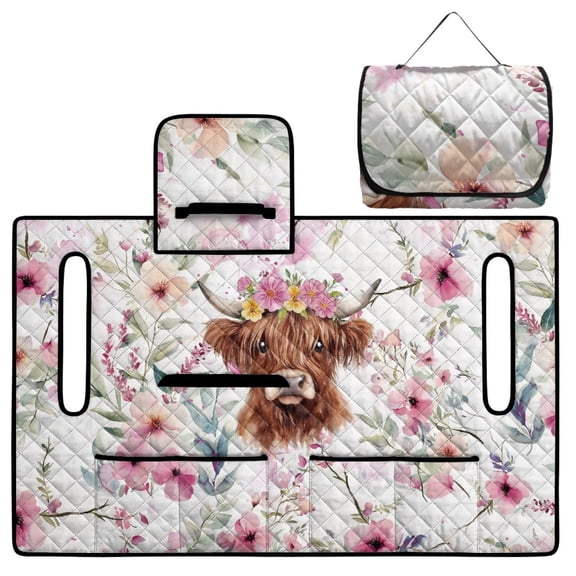 COEQINE Golf Cart Accessories Seat Covers with 4 Pockets, Foldable Design for Easy Carry Quilted Towel Seat Cover Easy to Install for EZGO Yamaha Club Cars, Highland Cow Floral Pink