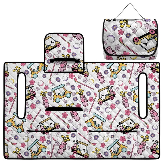 COEQINE Golf Cart Seat Blanket Towel, Folds Compact for Carrying, 51.2x30.3 Inch Fit for EZGO/Yamaha/Club Car, 4 Compartment Storage, Quilted Comfort Layer, Cute Floral Golf Pattern