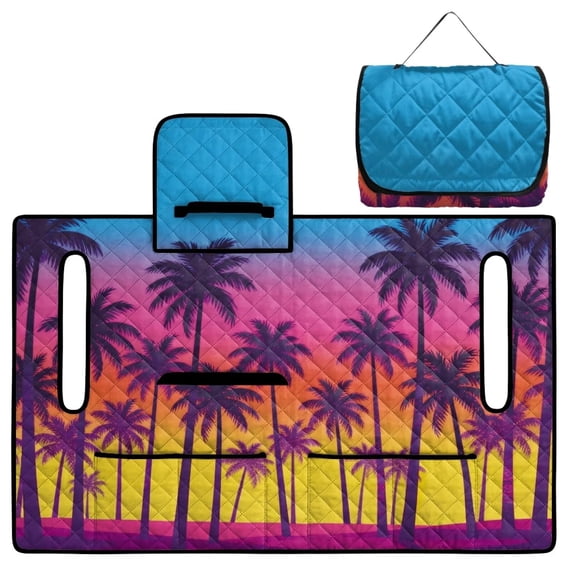 COEQINE Golf Cart Seat Blanket Towel, Folds Compact for Carrying, 51.2x30.3 Inch Fit for EZGO/Yamaha/Club Car, 4 Compartment Storage, Quilted Comfort Layer, Pink Blue Hawaiian Palm Tree