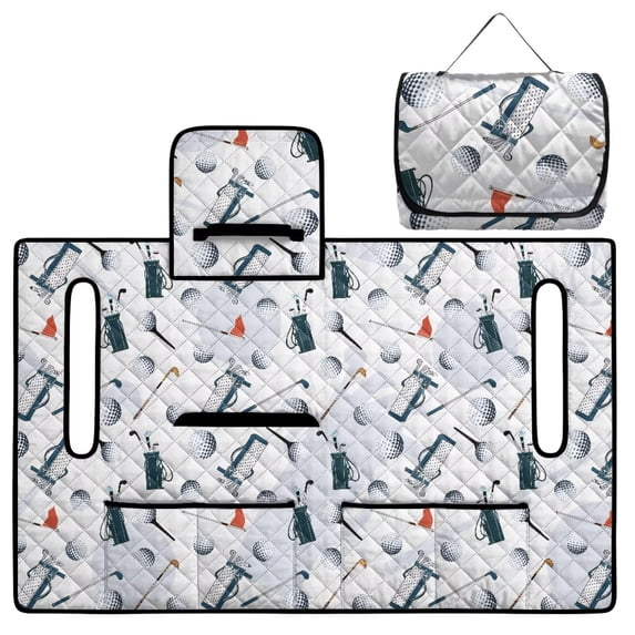 COEQINE Golf Cart Seat Blanket Towel, Folds Compact for Carrying, 51.2x30.3 Inch Fit for EZGO/Yamaha/Club Car, 4 Compartment Storage, Quilted Comfort Layer, Vintage White Golf Themed
