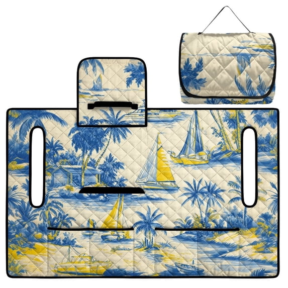 COEQINE Golf Cart Seat Cover Blanket with Fold-Away Design, Universal Golf Accessories with 4 Pockets, Fit for EZGO Yamaha Club Cars and More, Blue Yellow Palm Tree Sailboat