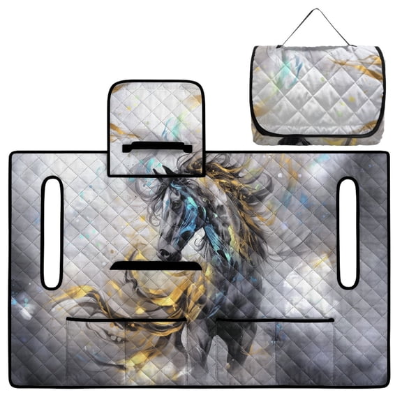 COEQINE Golf Cart Seat Cover Blanket with Fold-Away Design, Universal Golf Accessories with 4 Pockets, Fit for EZGO Yamaha Club Cars and More, Gray Gold Horse