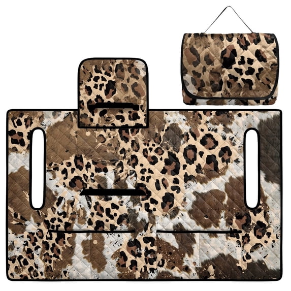 COEQINE Golf Cart Seat Cover Blanket Towel Accessories, Portable Foldable Design with Carry Handle, Universal Fit for EZGO/Yamaha/Club Car with 4 Pockets, Cow Leopard Print