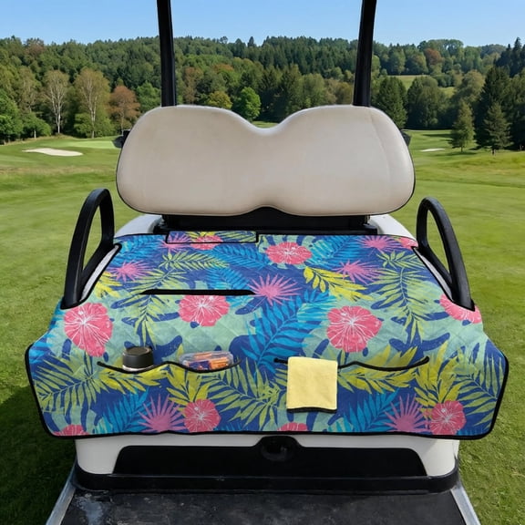COEQINE Golf Cart Seat Cover Blanket Towel Accessories, Portable Foldable Design with Carry Handle, Universal Fit for EZGO/Yamaha/Club Car with 4 Pockets, Pink Blue Hibiscus Palm