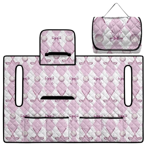 COEQINE Golf Cart Seat Cover Blanket Towel Accessories, Portable Foldable Design with Carry Handle, Universal Fit for EZGO/Yamaha/Club Car with 4 Pockets, Purple Bow Golf Diamond Pattern