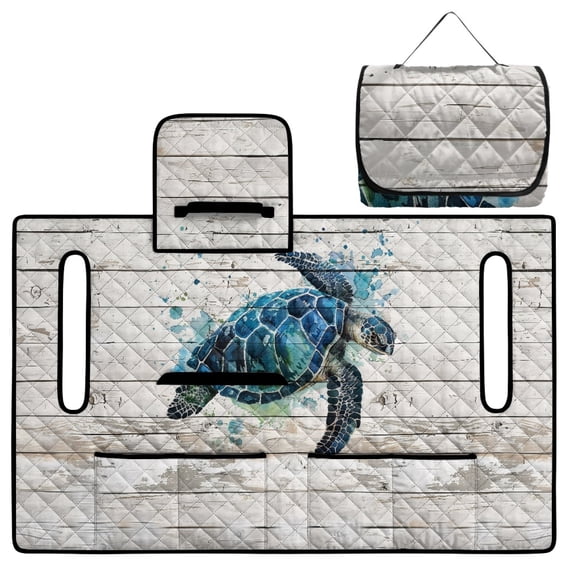 COEQINE Golf Cart Seat Cover with Carry Handle, Comfort Golf Cart Seat Towel Blanket with 4 Storage Pockets, Fit for Most 2-Seat Golf Carts, Universal 51.2"x 30.3", Blue Sea Turtle Wood Grain