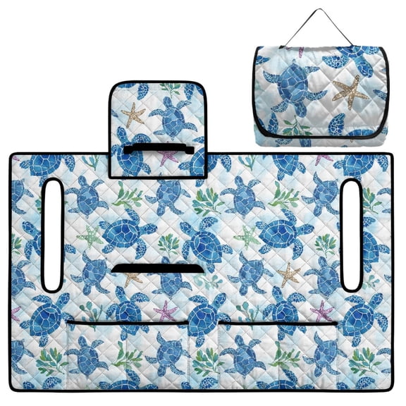 COEQINE Golf Cart Seat Cover with Carry Handle for Storage, Fits for EZGO Yamaha Club Car (51.2x30.3 Inches), with Quilted Padding & 4 Storage Pockets, Blue Sea Turtle Starfish Seagrass