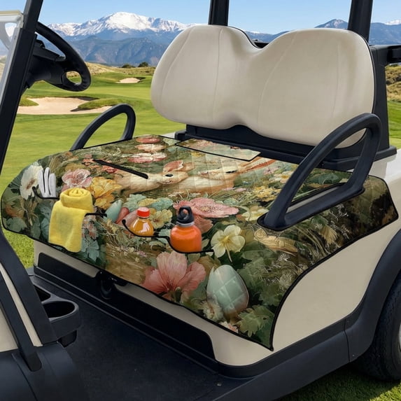COEQINE Golf Cart Seat Cover with Carry Handle for Storage, Fits for EZGO Yamaha Club Car (51.2x30.3 Inches), with Quilted Padding & 4 Storage Pockets, Easy Wash, Easter Rabbit Flower