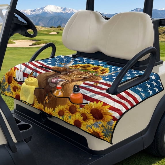 COEQINE Golf Cart Seat Cover with Carry Handle for Storage, Fits for EZGO Yamaha Club Car (51.2x30.3 Inches), with Quilted Padding & 4 Storage Pockets, Easy Wash, Highland Cow Sunflower US Flag
