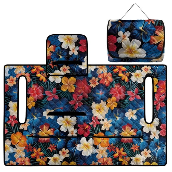 COEQINE Golf Cart Seat Cover Towel Blanket Foldable Design for Easy Transport, Suitable for Most Two-Seater Carts, Quilted with 4 Front Pockets, 51.2x30.3 Inch, Blue Pink Tropical Hibiscus Palm