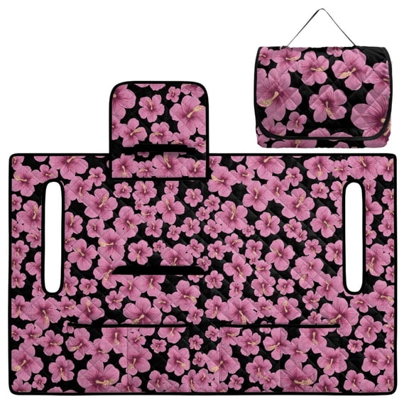 COEQINE Golf Cart Seat Cover Towel Blanket Foldable Design for Easy Transport, Suitable for Most Two-Seater Carts, Quilted with 4 Front Pockets, 51.2x30.3 Inch, Pink Hibiscus Print