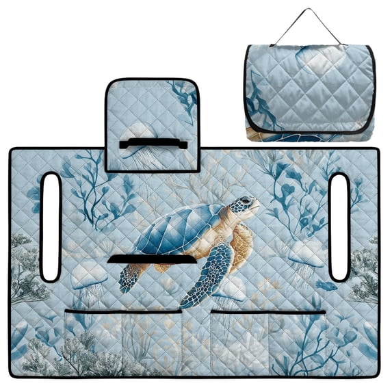 COEQINE Golf Cart Seat Cover Towel Blanket Foldable Design for Easy Transport, Suitable for Most Two-Seater Carts, Quilted with 4 Front Pockets, 51.2x30.3 Inch, Sea Turtle Coral Jellyfish Blue
