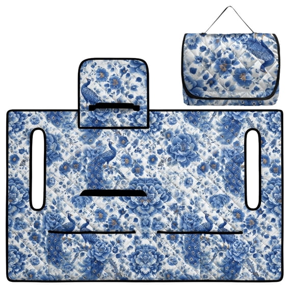COEQINE Golf Cart Seat Cover Towel with Foldable Design and Carry Handle, Universal 51.2"x30.3", Comfort Quilted Polyester, 4 Front Pockets, Easy to Clean, Blue Peacock Floral