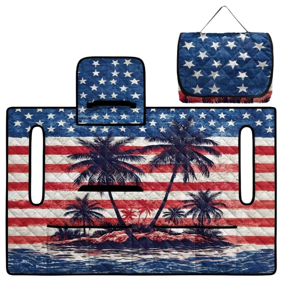 COEQINE Golf Cart Seat Cover Towel with Foldable Design and Carry Handle, Universal 51.2"x30.3", Comfort Quilted Polyester, 4 Front Pockets, Easy to Clean, Palm Tree USA US American Flag