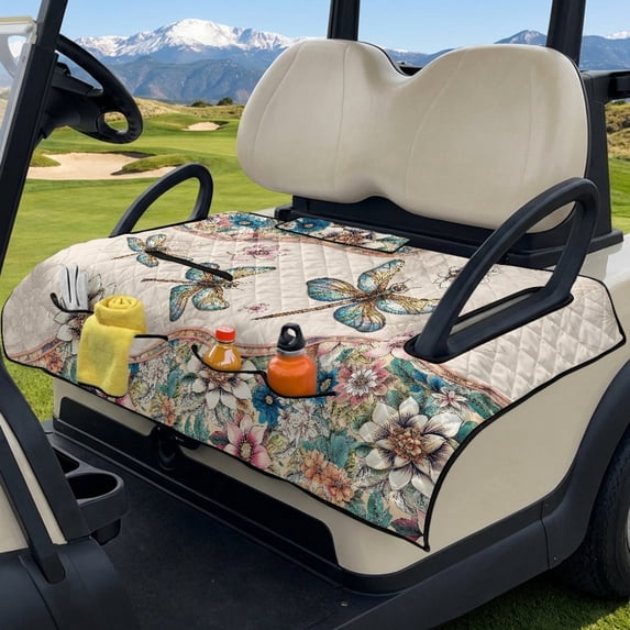 COEQINE Golf Cart Seat Covers Blanket, Travel Sports Cart Seat Cushion Covers for 2 Person Seats Club Car, Universal Golf Accessories for Summer or Winter, Dragonfly Bohemian Flower Beige