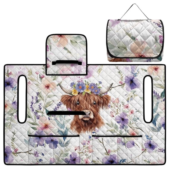 COEQINE Golf Cart Seat Covers Blanket, Travel Sports Cart Seat Cushion Covers for 2 Person Seats Club Car, Universal Golf Accessories for Summer or Winter, Highland Cow Floral Violet