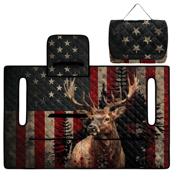 COEQINE Golf Cart Seat Covers with Carry Handle, Comfortable Golf Cart Seat Towel Blanket, Fits for EZGO Yamaha Club Car and Other 2-Seat Golf Carts, Deer Forest American Flag