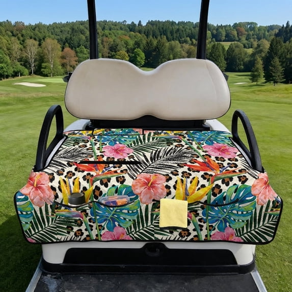 COEQINE Golf Cart Seat Cushion Cover, Portable Design Folds with Handle, Universal Fit 51.2x30.3", Quilted with 4 Pockets, for 2/4 Person Seats, Tropical Hibiscus Leaf Leopard Print