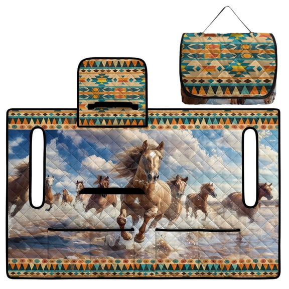 COEQINE Golf Cart Seat Cushion Cover, Portable Design Folds with Handle, Universal Fit 51.2x30.3", Quilted Comfort Padding with 4 Pockets, for 2/4 Person Seats, American Tribal Geometric Horse