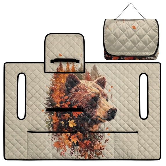 COEQINE Golf Cart Seat Cushion Cover, Portable Design Folds with Handle, Universal Fit 51.2x30.3", Quilted Comfort Padding with 4 Pockets, for 2/4 Person Seats, Bear Autumn Leaves