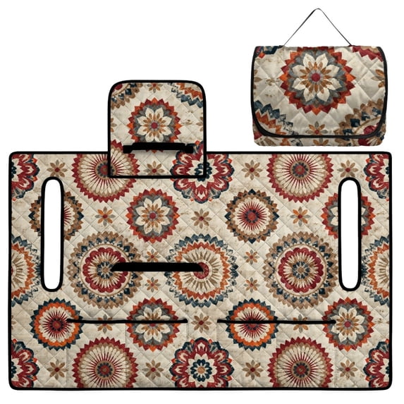 COEQINE Golf Cart Seat Cushion Cover, Portable Design Folds with Handle, Universal Fit 51.2x30.3", Quilted Comfort Padding with 4 Pockets, for 2/4 Person Seats, Bohemian Flower