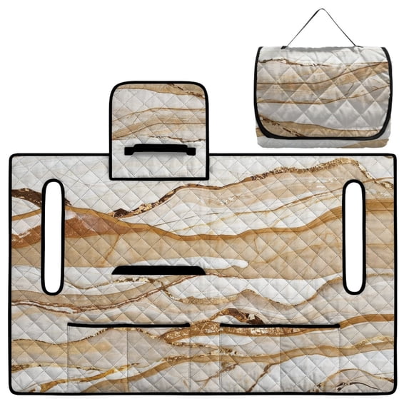 COEQINE Golf Cart Seat Cushion Cover, Portable Design Folds with Handle, Universal Fit 51.2x30.3", Quilted Comfort Padding with 4 Pockets, for 2/4 Person Seats, Brown Gold Marble