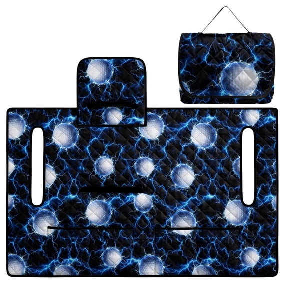 COEQINE Golf Cart Seat Cushion Cover, Portable Design Folds with Handle, Universal Fit 51.2x30.3", Quilted Comfort Padding with 4 Pockets, for 2/4 Person Seats, Golf Ball Blue Lightning