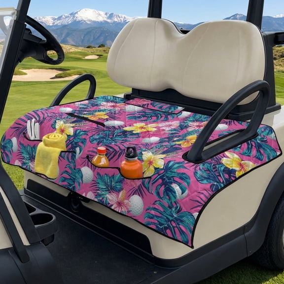 COEQINE Golf Cart Seat Cushion Cover, Portable Design Folds with Handle, Universal Fit 51.2x30.3", Quilted Comfort Padding with 4 Pockets, for 2/4 Person Seats, Tropical Plumeria Leaf Pink