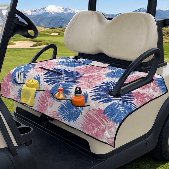 COEQINE Golf Cart Seat Protector with Fold Design & Carry Handle, Quilted Universal Fit 51.2x30.3 Inch for EZGO/Yamaha/Club Car 2-Seaters, 4-Pocket Storage, Blue Pink Palm Leaf