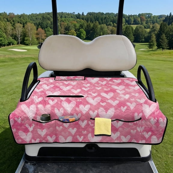 COEQINE Golf Cart Seat Protector with Fold Design & Carry Handle, Quilted Universal Fit 51.2x30.3 Inch for EZGO/Yamaha/Club Car 2-Seaters, 4-Pocket Storage, Pink Heart Pattern