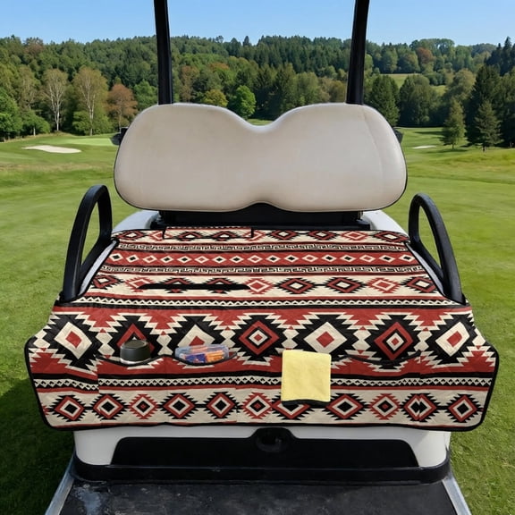 COEQINE Golf Cart Seat Protector with Fold Design & Carry Handle, Quilted Universal Fit 51.2x30.3 Inch for EZGO/Yamaha/Club Car 2-Seaters, 4-Pocket Storage, Red Black American Tribal Geometric