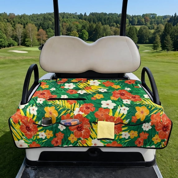 COEQINE Golf Cart Seat Towel Blanket Cover with Handle for Folded Carrying and Storage, Quilted Padding, 4 Storage Pockets, Compatible with Most 2 Seat Cart, Tropical Hibiscus Leaf Red