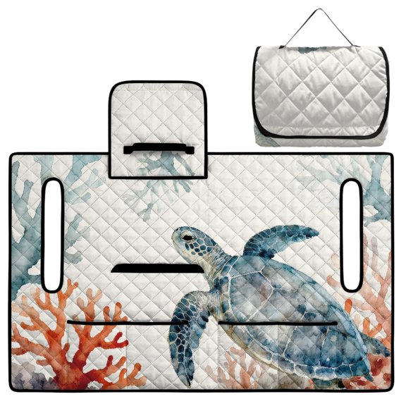 COEQINE Golf Cart Seat Towel Blanket Cover with Handle for Folded Carrying and Storage, Quilted Padding, 4 Storage Pockets, Fit for Most 2 Seat Cart, Sea Turtle Coral Beige