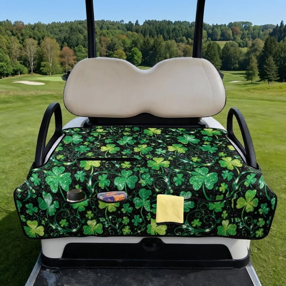 COEQINE Golf Cart Seat Towel Cover, Foldable with Carry Handle, Universal Fit for Most 2-Seater EZGO/Yamaha/Club Car, Quilted with 4 Front Pockets, Washable, Glitter Green Clover