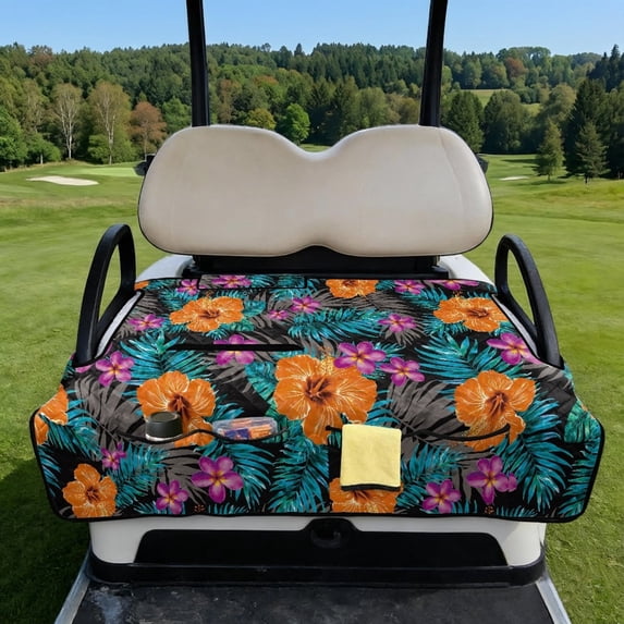 COEQINE Golf Cart Seat Towel Cover, Foldable with Carry Handle, Universal Fit for Most 2-Seater EZGO/Yamaha/Club Car, Quilted with 4 Front Pockets, Washable, Tropical Hibiscus Leaf Orange
