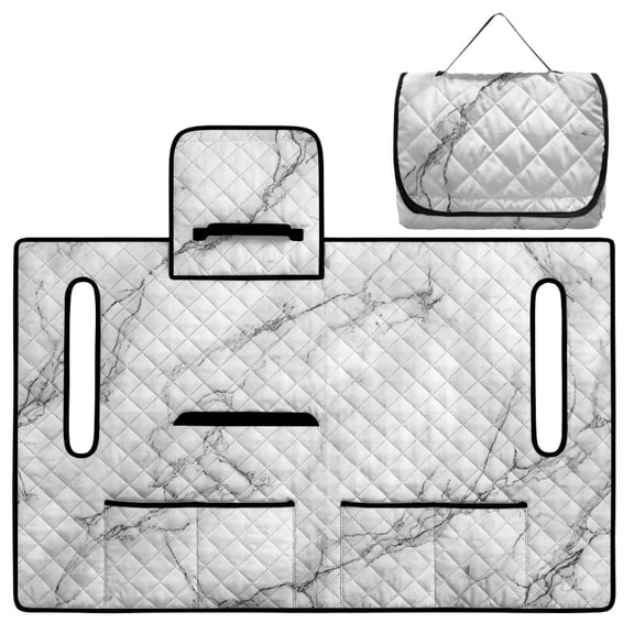 COEQINE Golf Cart Seat Towel Cover, Foldable with Carry Handle, Universal Fit for Most 2-Seater EZGO/Yamaha/Club Car, Quilted with 4 Front Pockets, Washable, White Marble Print