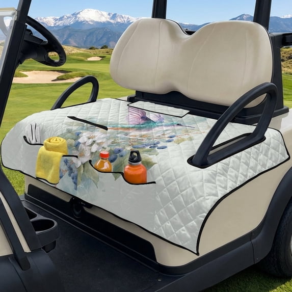 COEQINE Golf Cart Seat Towel Quilted Protective Cover with Carrying Handle, Universal Fit 51.2x30.3 Inch, 4 Front Pockets, Fits for Most 2 Seats Club Car, Hummingbird Berry Floral