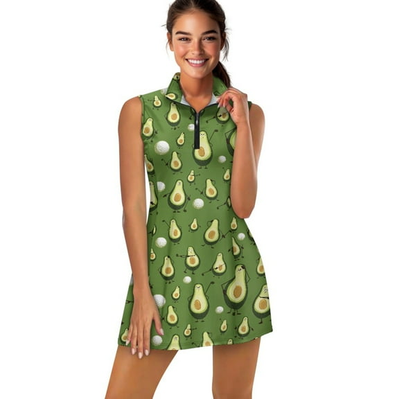 COEQINE Golf Dresses for Women Stand Collar Lightweight Sleeveless Athletic Dresses with Collared Design Golf Ball Club and Avocado Green Print 2 Pieces Workout Outfits, S