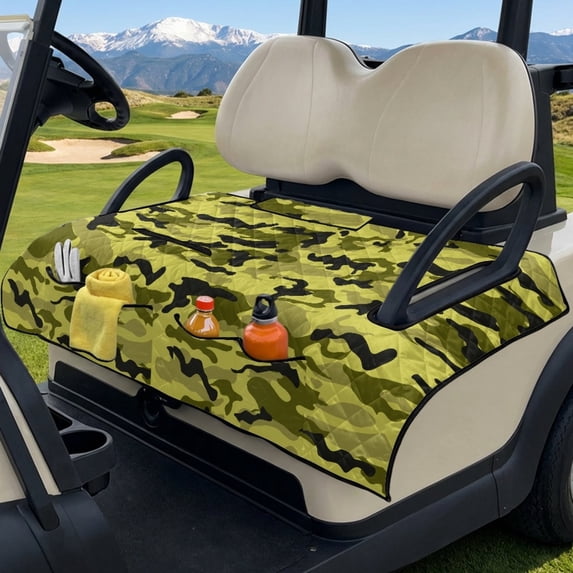 COEQINE Green Camo Golf Cart Seat Cover, Foldable Design with Handle for Storage, Universal Size Quilted Polyester, 4 Front Pockets, Machine Washable, Green Camouflage