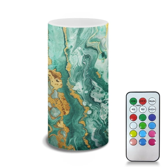 COEQINE Green Gold Marble LED Flameless Candles Battery Operated Candles with Remote Control Timer Flickering Wick Pillar Candles Home Bathroom Bedroom Outdoor Decoration