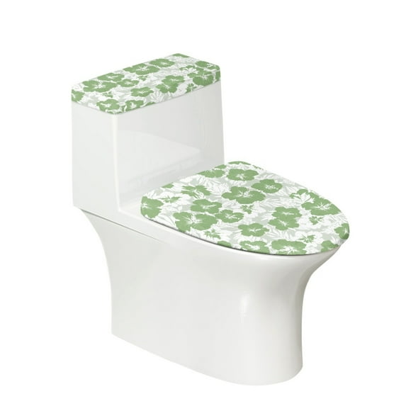 COEQINE Green Hibiscus Flower Toilet Lid Cover and Toilet Tank Cover, Machine Washable Easy Installation Breathable Toilet Cover 2 Piece Set for Home Bathroom Decor