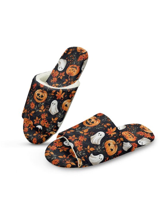 Halloween Fall Ghost Pumpkin Womens Fluffy Slippers Soft Warm Slippers Indoor House Slides Open Toe Bedroom Sandals Trendy Slip On House Shoes for Home Bedroom Living Room, 38-39