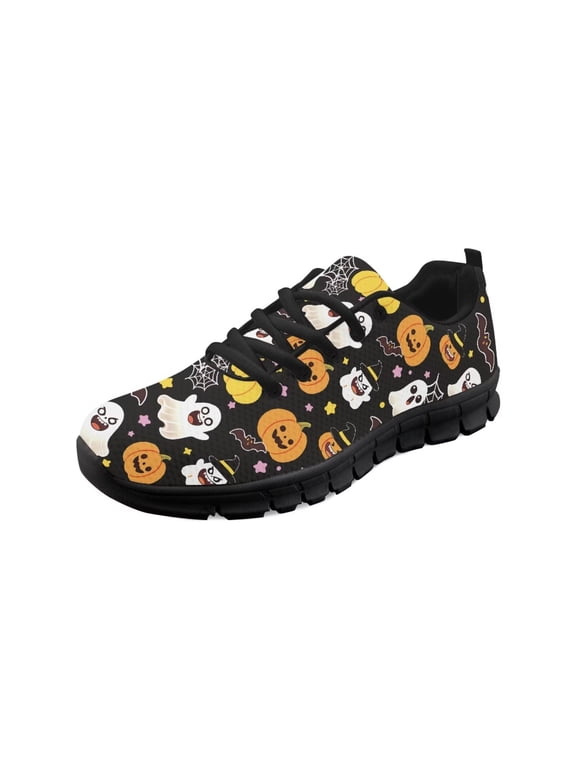 Halloween Sneakers for Women Black Sole Breathable Mesh Lace Up Running Shoes for Travel Outdoor Training Athletic Sport, Funny Witch Ghost Pumpkin Bat