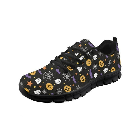 COEQINE Halloween Women Running Shoes Lace-up Ghost Pumpkin Bat Print Girls Black Sole Sneakers Hiking Camping Soft Training Athletic Shoes Tennis Sneakers