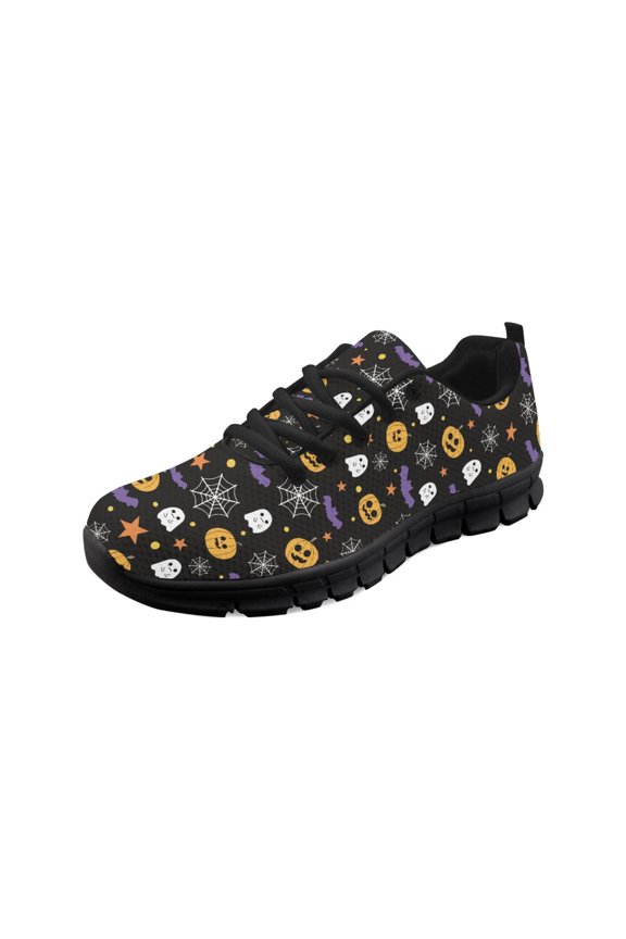 Halloween Women Running Shoes Lace-up Ghost Pumpkin Bat Print Girls Black Sole Sneakers Hiking Camping Soft Training Athletic Shoes Tennis Sneakers