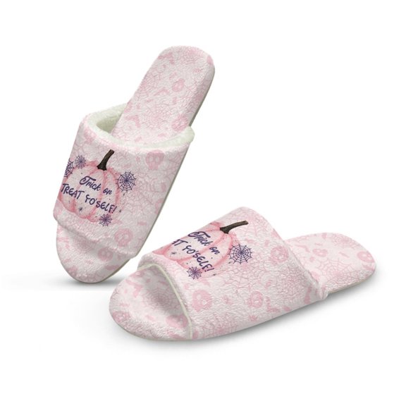 COEQINE Halloween Womens Slip On Slippers Cozy Fluffy Slides Soft Indoor Sandals Cute House Shoes Open Toe Bedroom Slippers Quiet Slip On Footwear for Ladies, Trick or Treat Pumpkin Pink, 36-37
