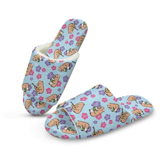 COEQINE Hawaii Capybara Hibiscus Indoor Slippers for Women, Cozy Slip On Home Slides Trendy Fluffy Sandals Slip On Bedroom Slippers Machine Washable Y2K Footwear for House Trip, 36-37