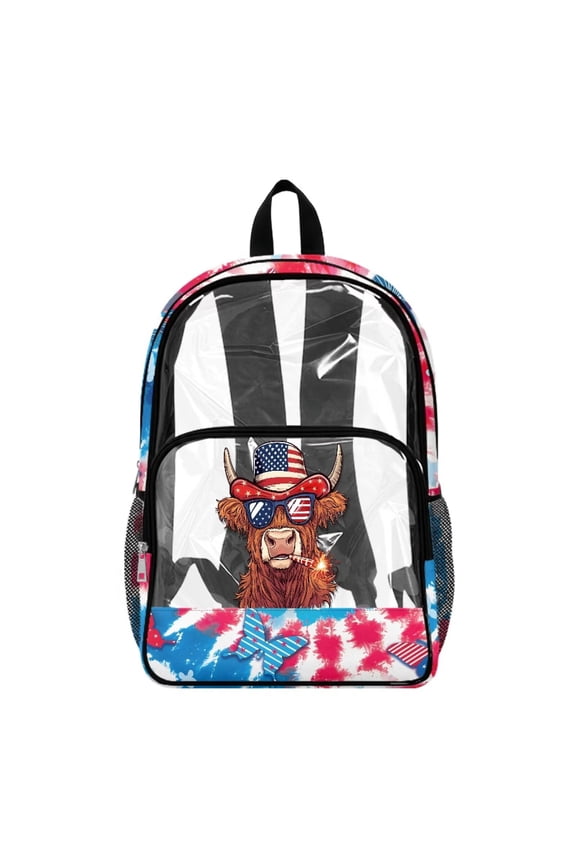 Heavy Duty Clear Backpack for School 17 Inch Extra Large with Reinforced Shoulder Straps, Sturdy Fabric College Backpack for July Fourth, Highland Cow US Flag Tie-dye