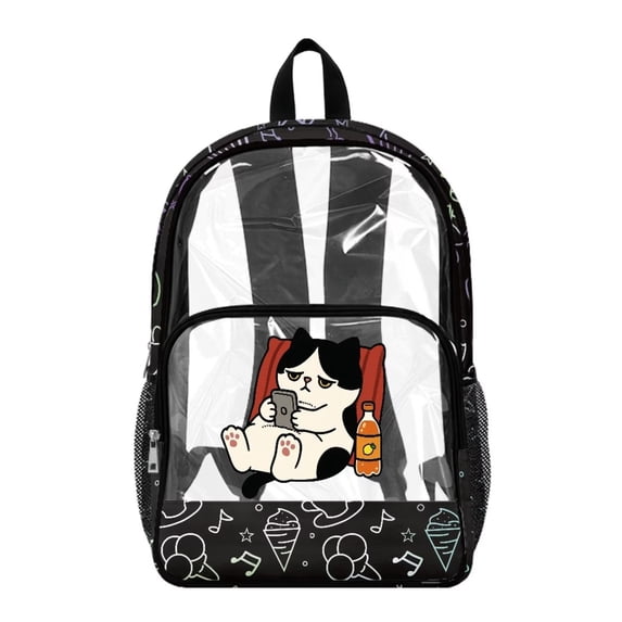 COEQINE Heavy Duty Clear Backpack for School 17 Inch Extra Large with Reinforced Shoulder Straps, Sturdy Fabric College Backpack for Travel Security Casual, Kawaii Cat Black