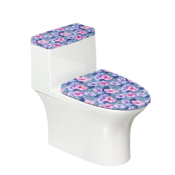 COEQINE Hibiscus Flower Leaf Toilet Lid Dust Cover 2 Piece Set, Stretchable Easy Installation Breathable Toilet Lid Covers for Bathroom Decor